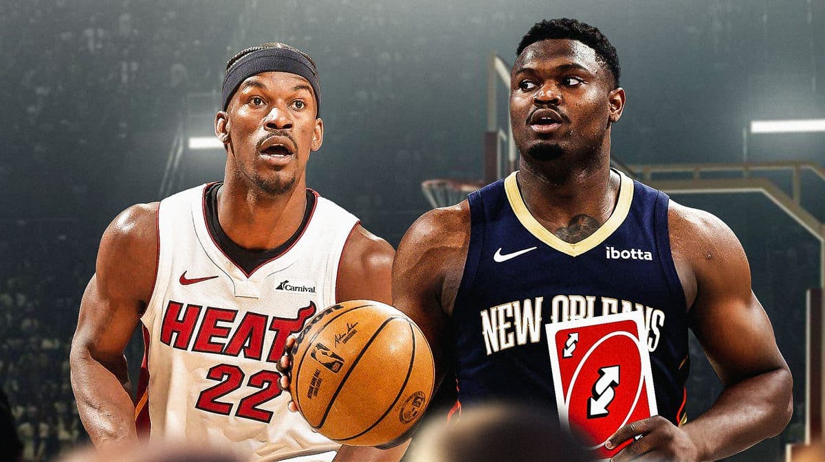 Pelicans' Zion Williamson holding an uno reverse card at a dejected Heat star Jimmy Butler