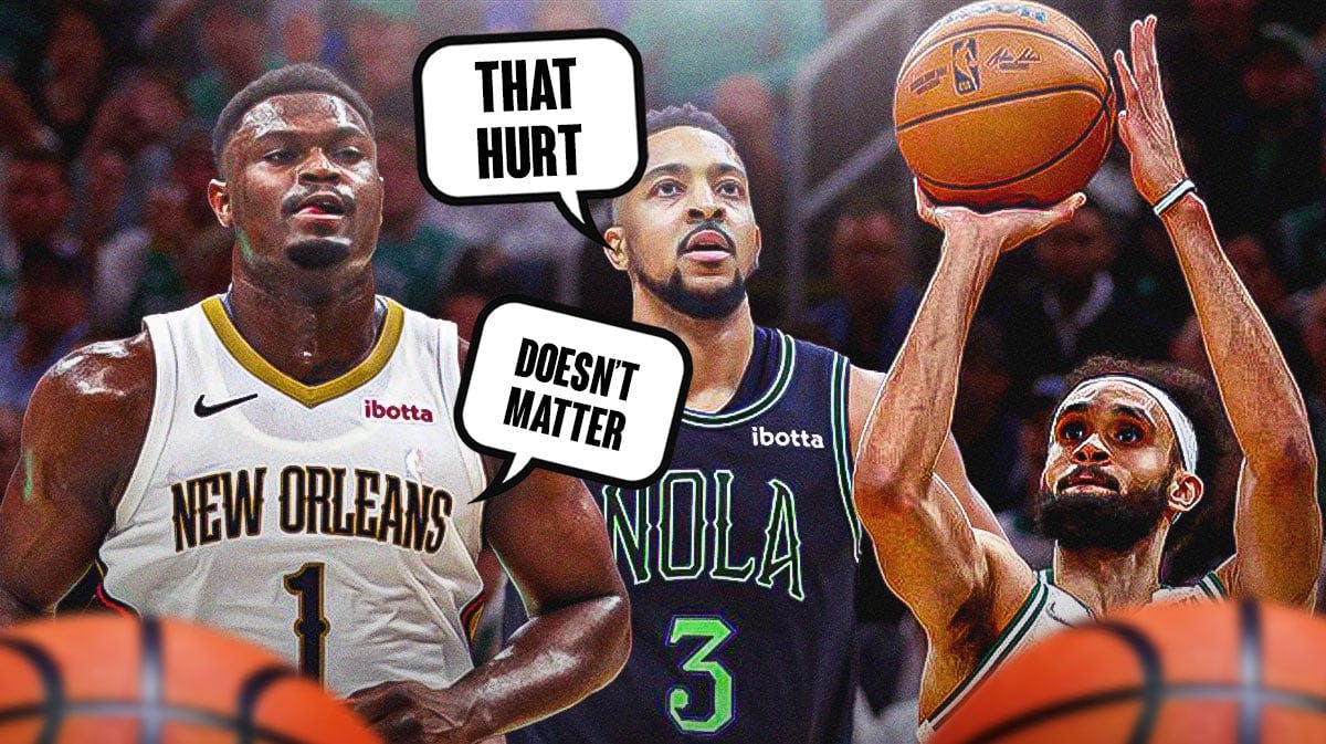 Pelicans' Zion Williamson and CJ McCollum with quote bubbles next to Celtics' Derrick White