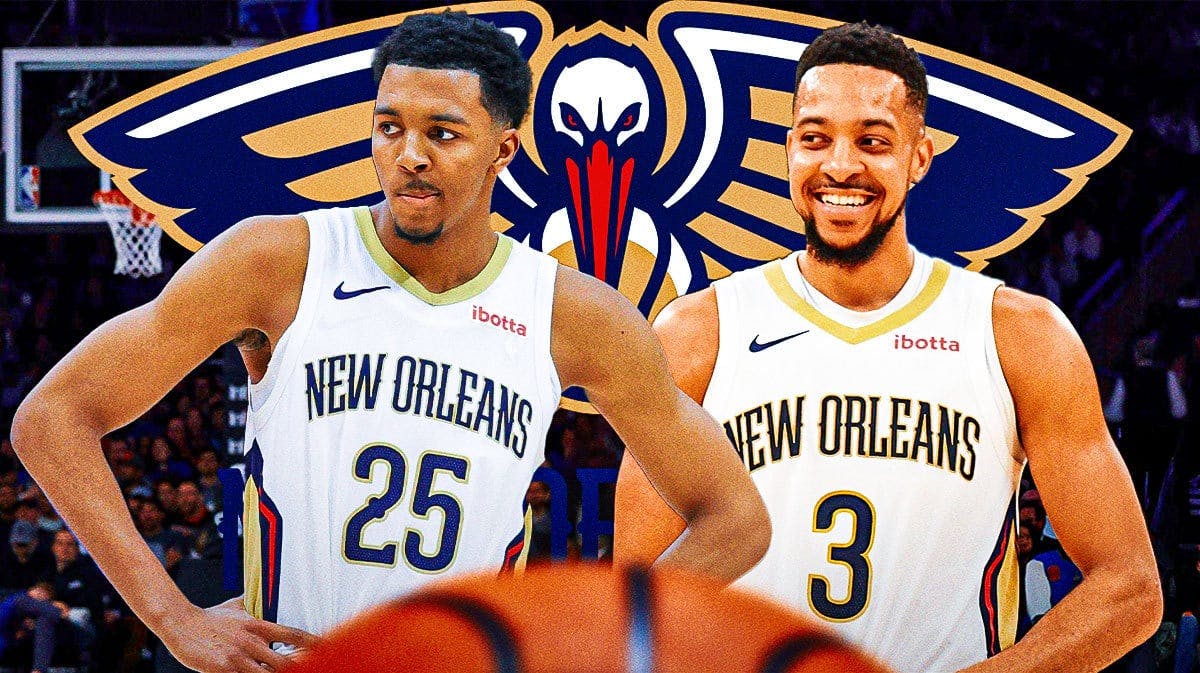 CJ McCollum and Trey Murphy, NO Pelicans logo in image, basketball court in background