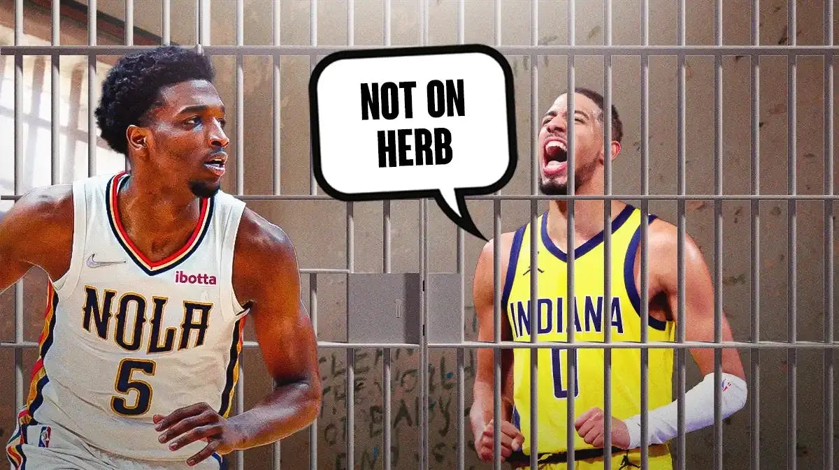 Pelicans Herb Jones locking up/handcuffing Pacers Tyrese Haliburton with a word bubble, shirt, or sign saying “Not on Herb," his NBA All-Defense team nickname