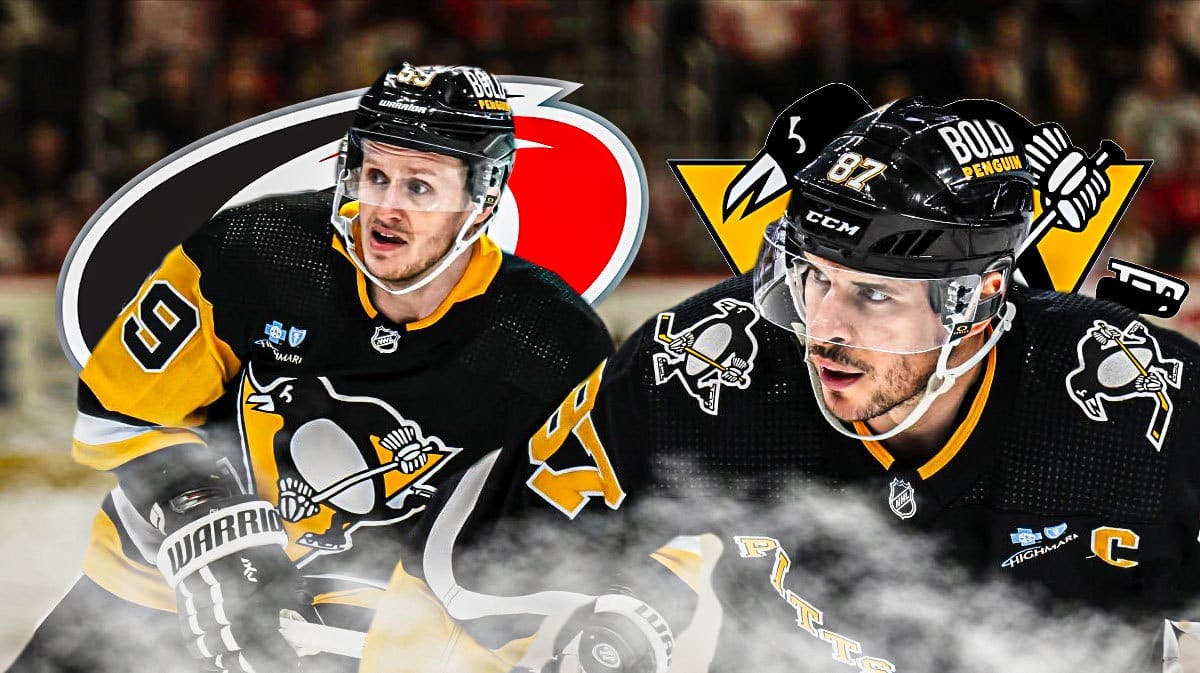 Sidney Crosby and Jake Guentzel, CAR Hurricanes and PIT Penguins logo, hockey rink