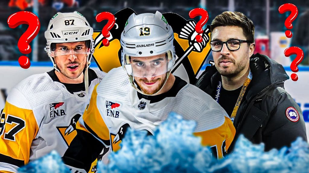 Kyle Dubas, Sidney Crosby and Reilly Smith, PIT Penguins logo, hockey rink in background, 3-5 question marks around Smith