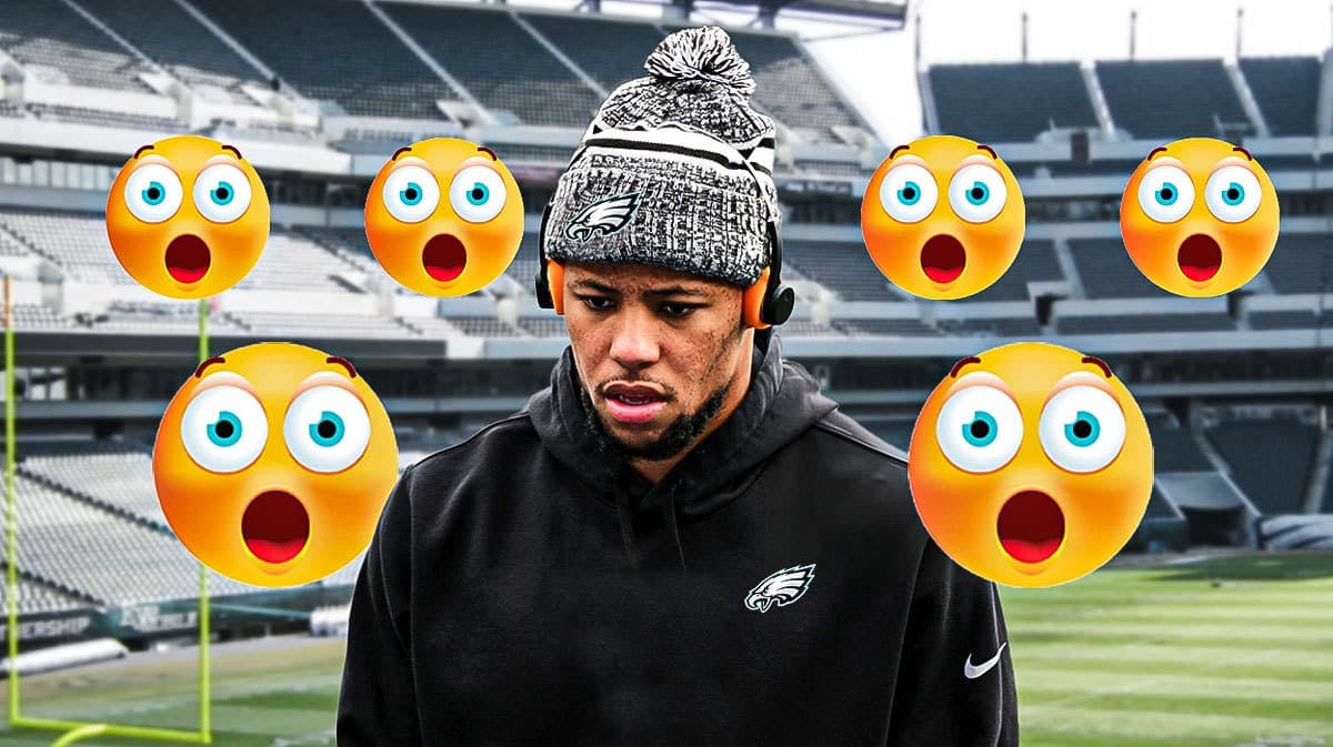 Saquon Barkley in a Philadelphia Eagles uniform with a bunch of shocked emojis in the background