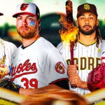 MLB Opening Day season predictions feature Bryce Harper with a World Series trophy, Corbin Burnes crying, Fernando Tatis Jr. with a flaming bat, Pablo Lopez