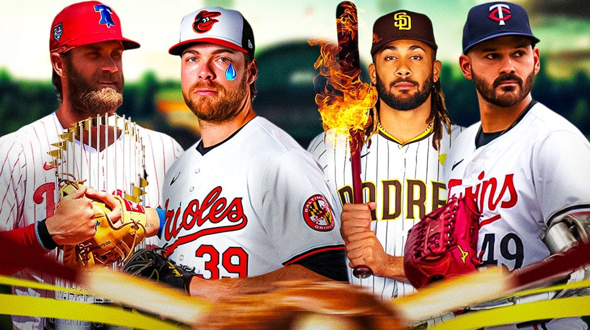 MLB Opening Day season predictions feature Bryce Harper with a World Series trophy, Corbin Burnes crying, Fernando Tatis Jr. with a flaming bat, Pablo Lopez