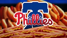 Phillies logo surrounded by hot dogs