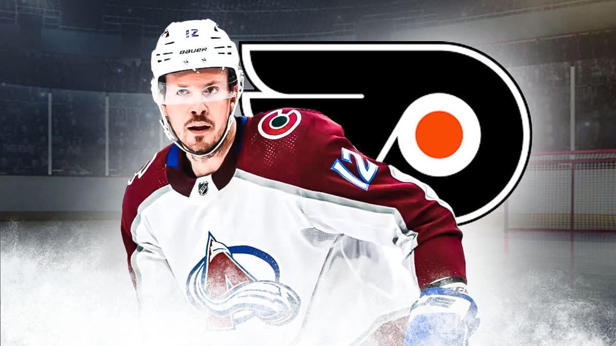 Ryan Johansen in image looking stern, PHI Flyers logo, hockey rink in background
