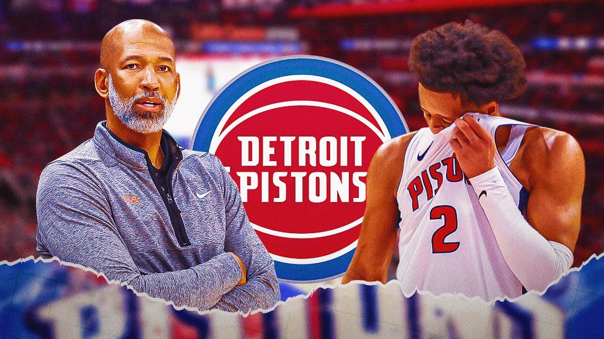 Monty Williams and Cade Cunningham looking upset next to a Pistons logo at Little Cesars Arena