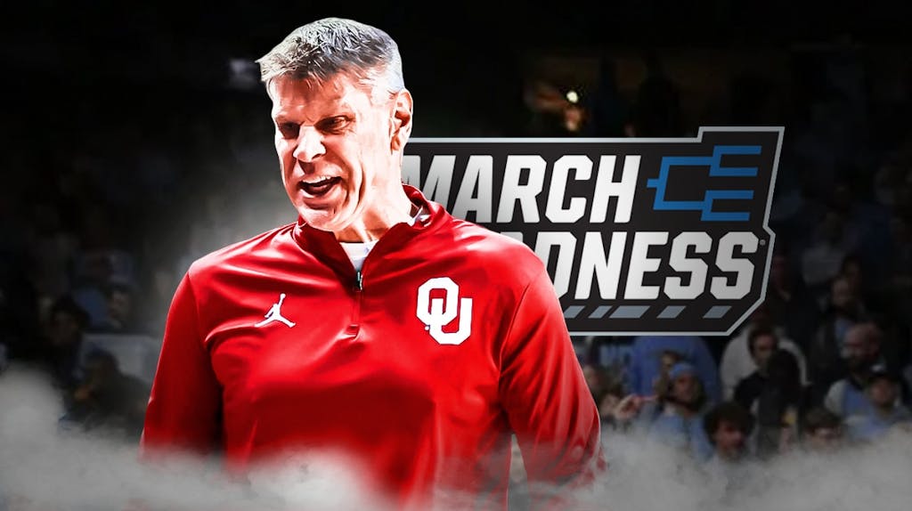 Oklahoma basketball coach Porter Moser upset with March Madness logo behind.