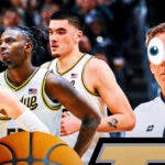Mark Few looking at Purdue basketball players with his eyes bugged out.