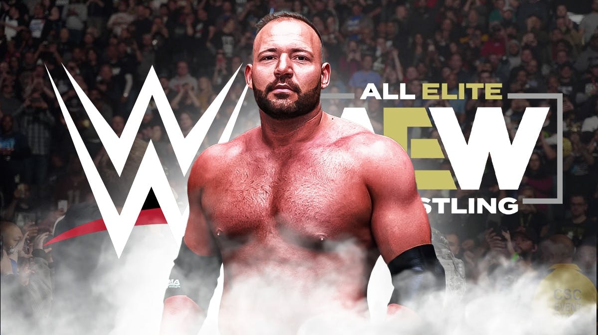 QT Marshall with the WWE logo on his left and the AEW logo on his right.