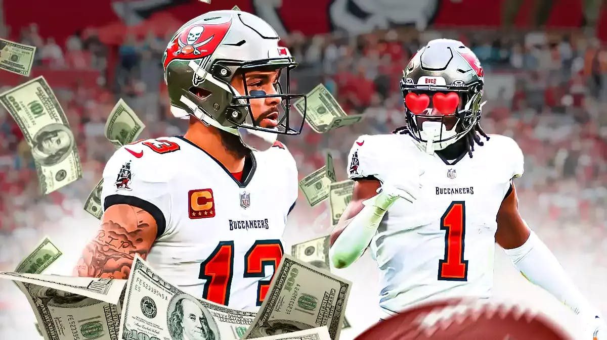 Photo: Rachaad White with heart eyes looking at Mike Evans with money flying around him, both in Buccaneers jerseys