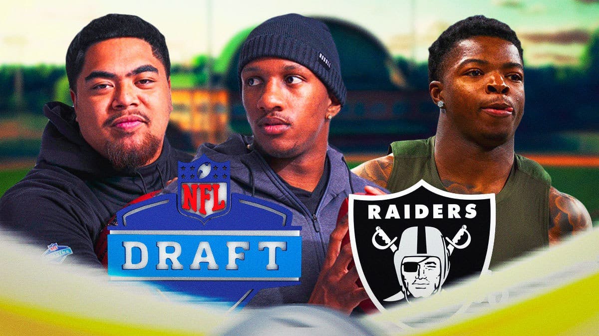 Taliese Fuaga (Oregon State), Michael Penix Jr. (Washington), Decamerion Richardson (Mississippi State) with a Raiders logo in front and a 2024 NFL Draft logo background.