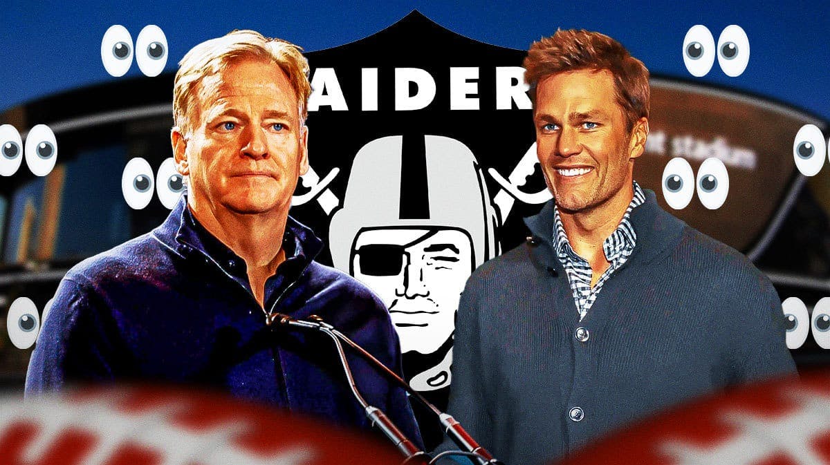 The Las Vegas Raiders logo in the middle, Roger Goodell on one side, Tom Brady on the other side, a bunch of the big eyes emojis in the background