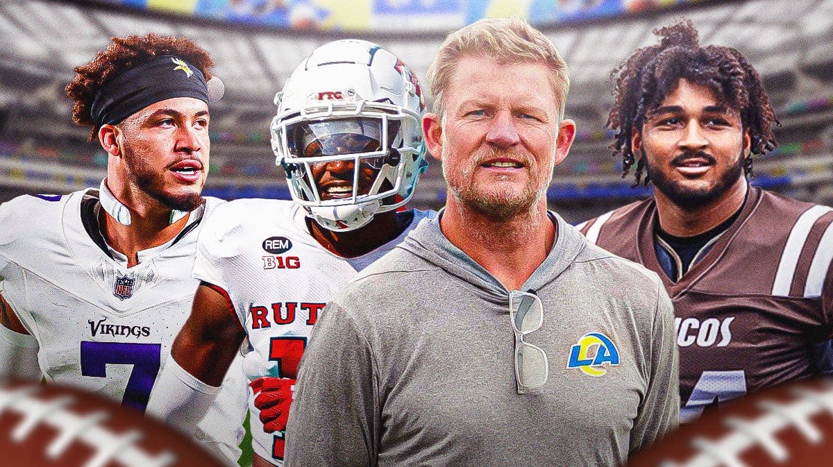 GM Les Snead in the middle, Byron Murphy, Marshawn Kneeland, Max Melton around him, and Los Angeles Rams in the background.