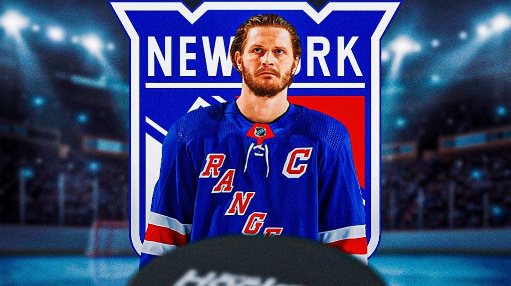 Jacob Trouba looking hopeful, New York Rangers logo in image, hockey rink in background