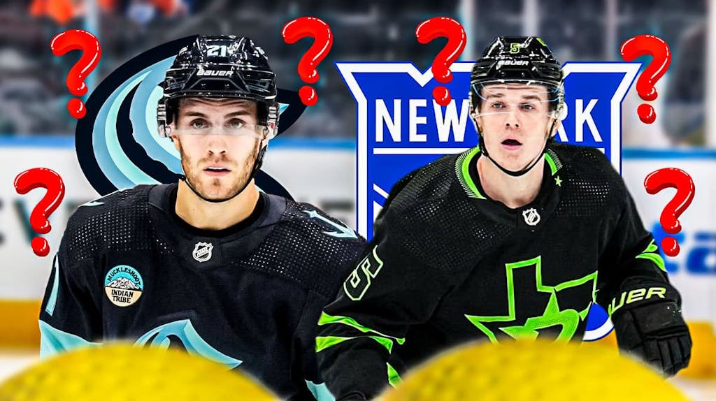 Alex Wennberg and Nils Lunkvist both in image, SEA Kraken and NY Rangers logo, 3-5 question marks, hockey rink in background