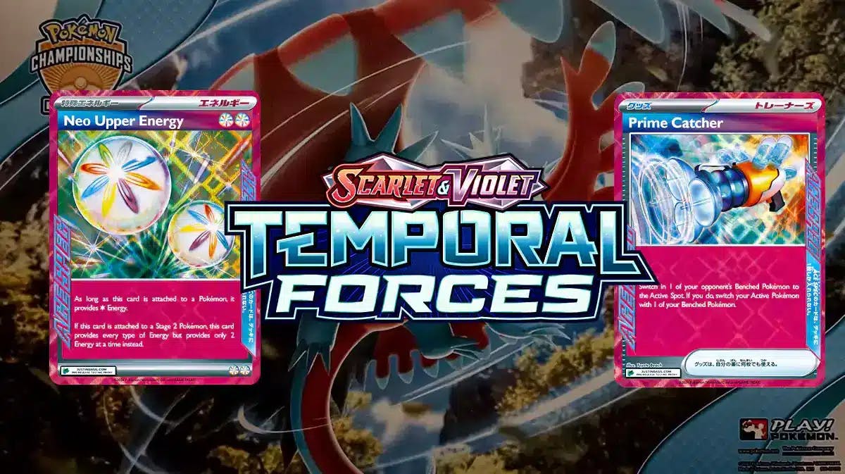 Pokemon TCG set Temporal Forces logo next to Ace Specs Neo Upper Energy and Prime Catcher