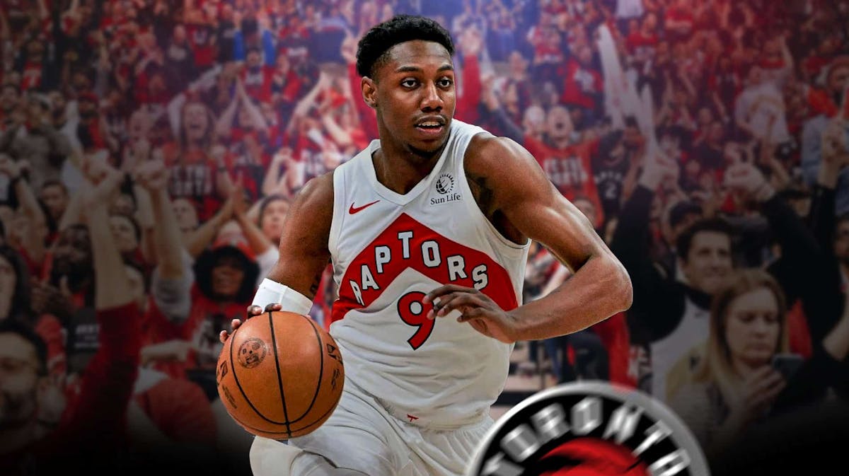 RJ Barrett with the Raptors arena in the background along with an image of Raptors fans