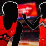 Photo: silhouettes of Ochai Agbaji, Gradey Dick both in action in Raptors jerseys