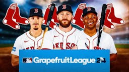 Trevor Story, Rafael Devers, Jarren Duran all together with Red Sox logo in the background and Grapefruit League logo in front.