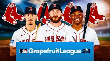 Trevor Story, Rafael Devers, Jarren Duran all together with Red Sox logo in the background and Grapefruit League logo in front.