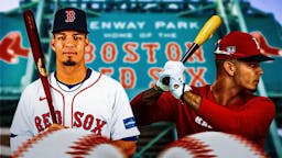 Red Sox’s Vaughn Grissom looking serious in front. Red Sox’s Vaughn Grissom in background swinging a baseball bat.