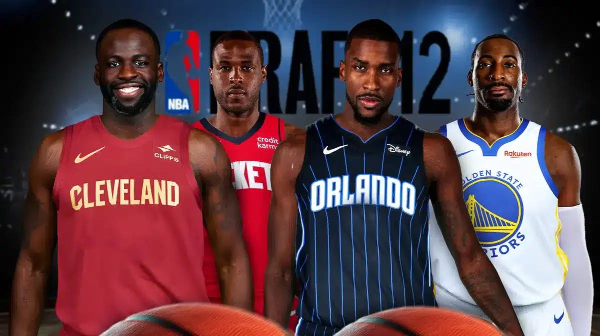Draymond Green in Cavaliers jersey, Andre Drummond in Warriors jersey, Dion Waiters in Rockets jersey, Michael Kidd-Gilchrist in Magic jersey. 2012 NBA Draft logo on the graphic
