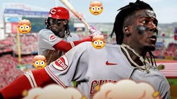 Photo: Elly De La Cruz in Reds jersey swinging a bat, mind blown emojis all around him