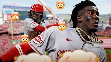 Photo: Elly De La Cruz in Reds jersey swinging a bat, mind blown emojis all around him
