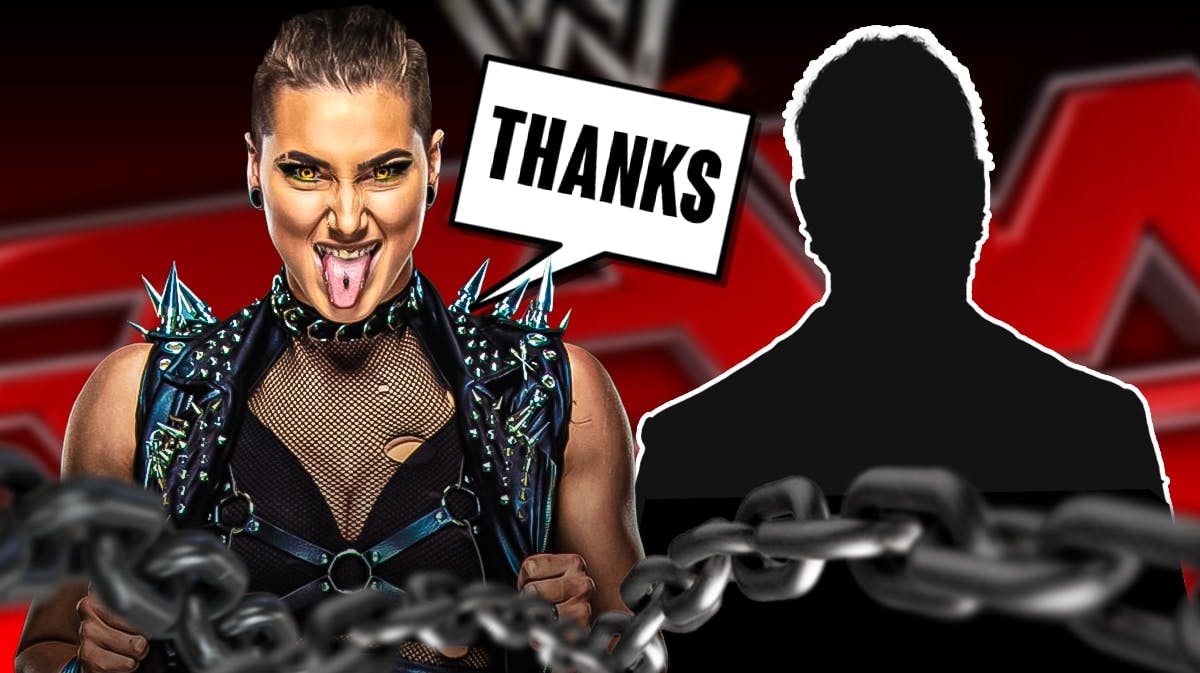 Rhea Ripley with a text bubble reading “Thanks” next to the blacked-out silhouette of Adam Copeland with the RAW logo as the background.