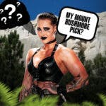 Rhea Ripley with a text bubble reading “My Mount Rushmore pick?” standing in front of Mount Rushmore with one of the faces blacked out and covered by a question mark.