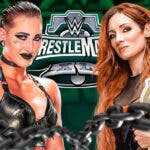 Rhea Ripley next to Becky Lynch with the WrestleMania 40 logo as the background.