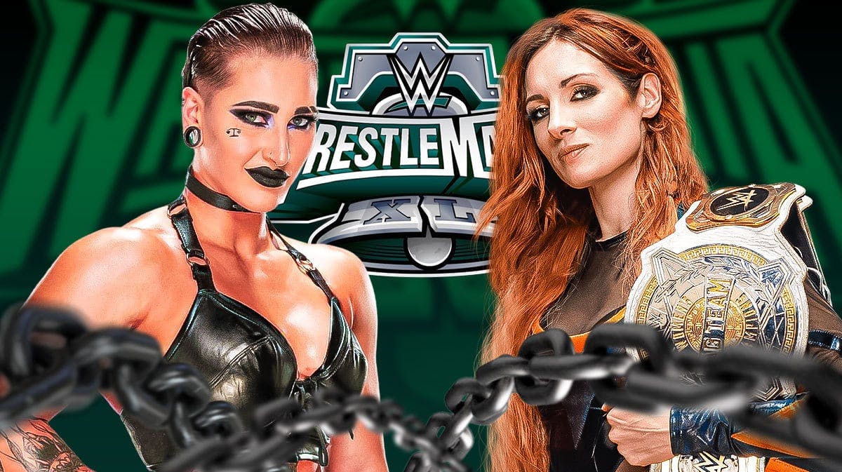 Rhea Ripley next to Becky Lynch with the WrestleMania 40 logo as the background.
