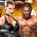 Rhea Ripley with a text bubble reading “If I’m winning, he’s winning” with the WWE logo behind her next to Buddy Matthews with the AEW logo as the background.