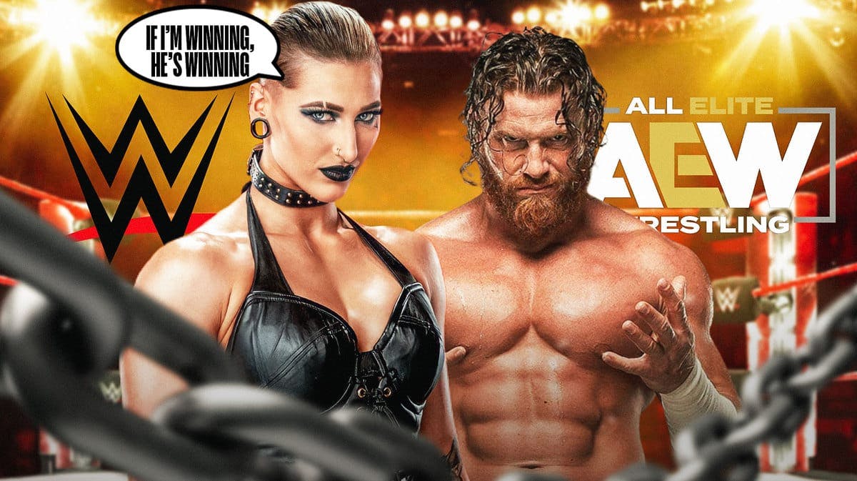 Rhea Ripley with a text bubble reading “If I’m winning, he’s winning” with the WWE logo behind her next to Buddy Matthews with the AEW logo as the background.