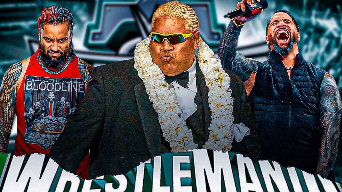 Rikishi with 2024 Jey Uso on his left and 2024 Jimmy Uso on his right with the WrestleMania 40 logo as the background.