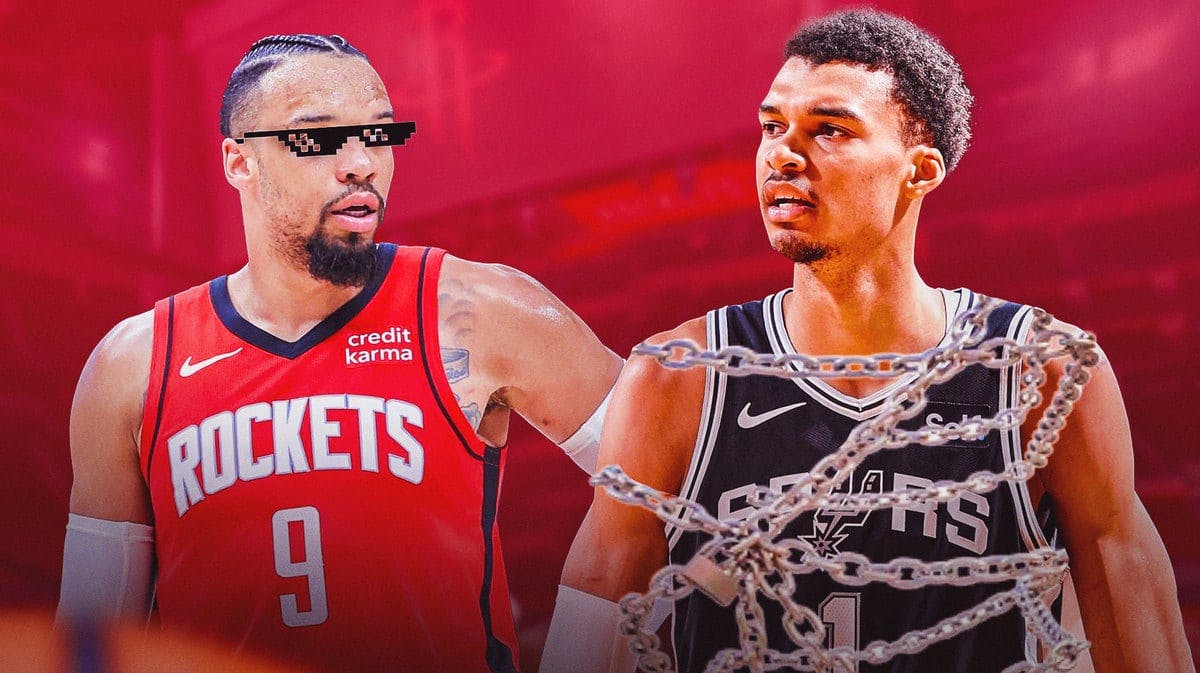 Rockets' Dillon Brooks with the thug life shades on, with chains around Spurs' Victor Wembanyama
