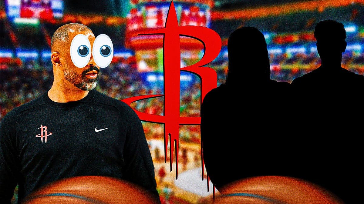 Rockets Ime Udoka with emoji eyes looking at two mystery NBA players