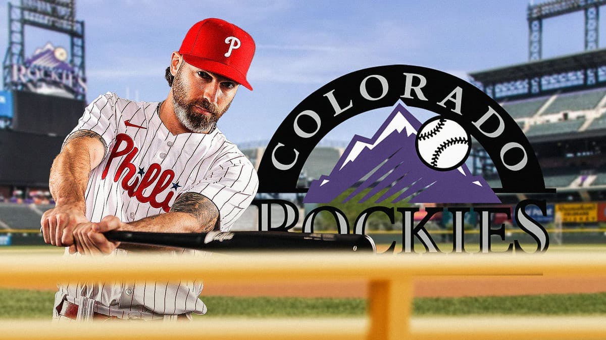 Jake Cave in Philadelphia Phillies jersey, Colorado Rockies logo in the background