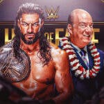Roman Reigns next to Paul Heyman with the WWE Hall of Fame logo as the background.