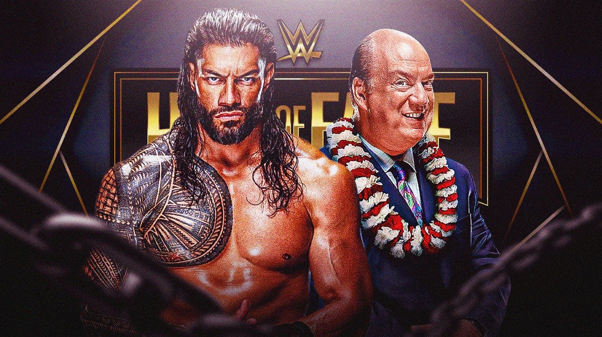 Roman Reigns next to Paul Heyman with the WWE Hall of Fame logo as the background.