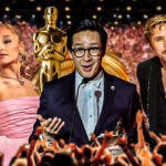 Ariana Grande, Ke Huy Quan, and Ryan Gosling with Oscars trophy and background.