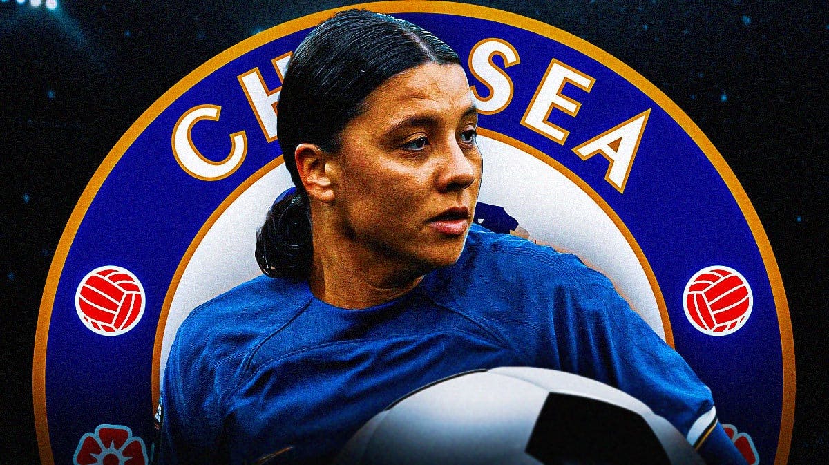 Sam Kerr in a courthouse, the Chelsea logo on the wall