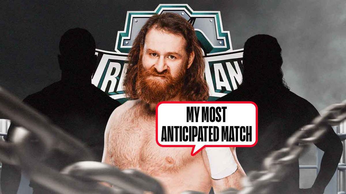 Sami Zayn with a text bubble reading “My most anticipated match?” with the blacked-out silhouette of Jimmy Uso on his left and the blacked-out silhouette of Jey Uso on his right with the WrestleMania 40 logo as the background.