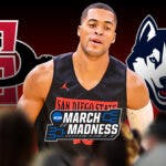 San Diego State basketball's Jaedon LeDee stands next to UConn, March Madness logos before Sweet 16