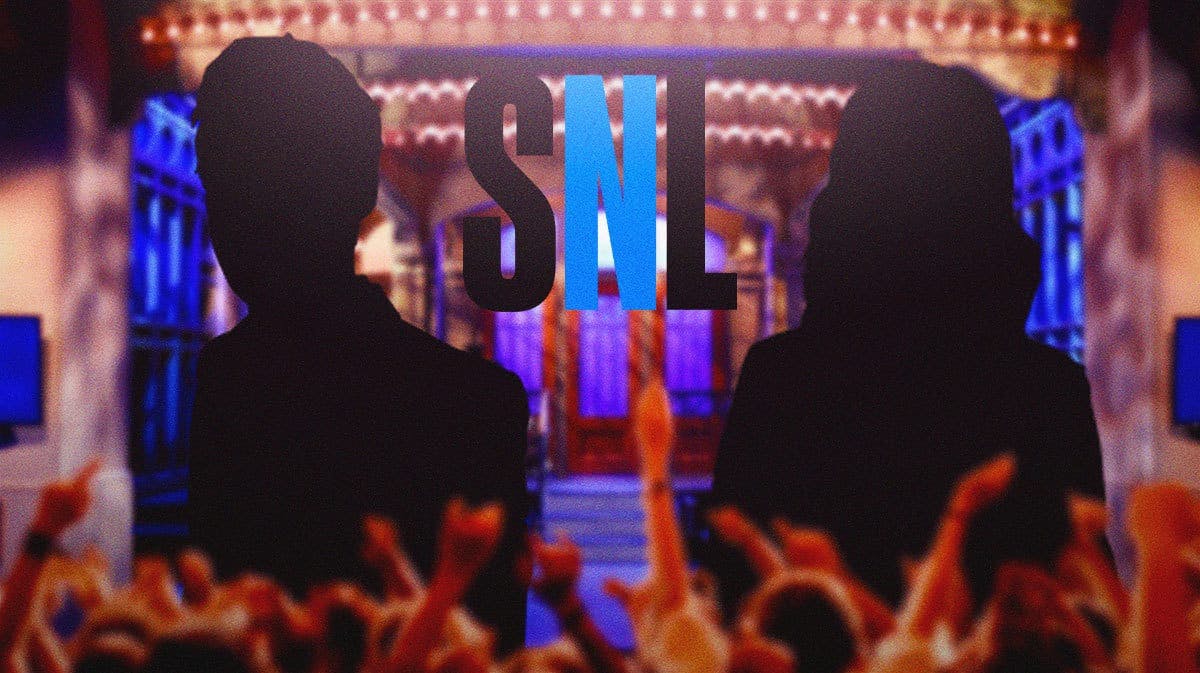 SNL logo and set in the background along with silhouettes of Ryan Gosling and Kristen Wiig