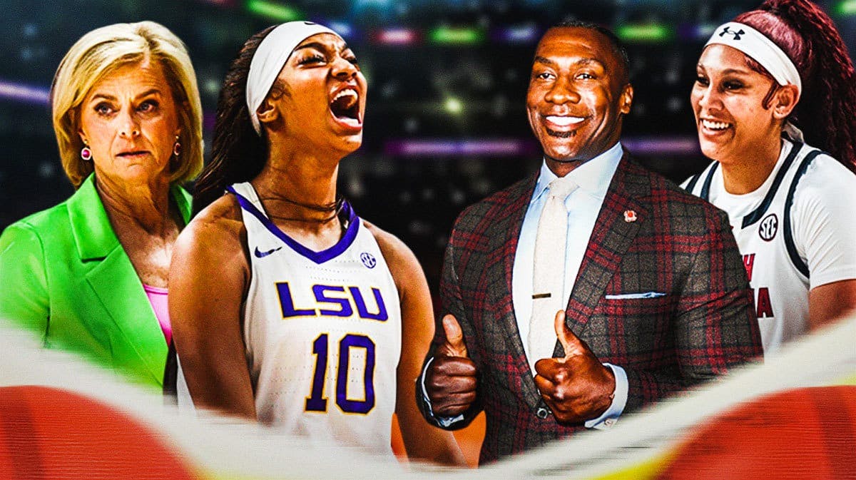 LSU women’s basketball coach Kim Mulkey and LSU women’s basketball player Angel Reese on one side, and sports commentator Shannon Sharpe and South Carolina women’s basketball player Kamilla Cardoso on the other side.