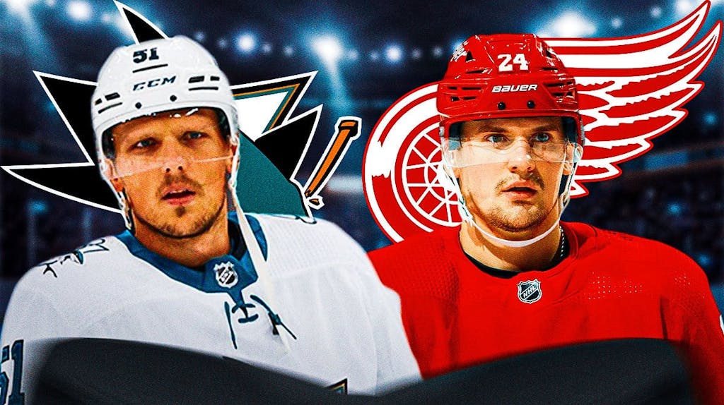 Radim Simek and Klim Kostin in image, Red Wings and SJ Sharks logos, hockey rink