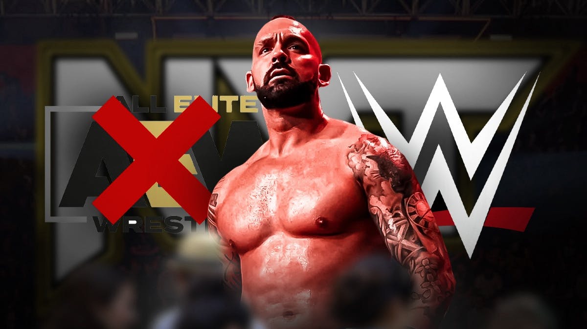 Shawn Spears with a crossed out AEW logo on the left and the WWE logo on the right with the NXT logo as the background.